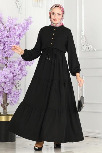 ModaMerve Beli Tünelli Viskon Elbise 1126BG354-MS Siyah