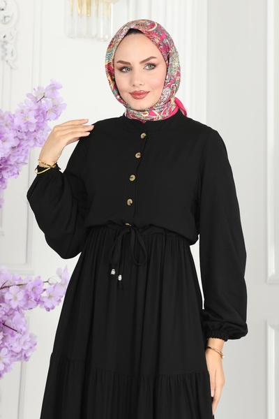 ModaMerve Beli Tünelli Viskon Elbise 1126BG354-MS Siyah