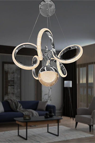 RSCOLLECTIONS Kıvrım Tekli Fanus Top Simli Slikonlu Modern Oturma Led Avizesi Kumandasız Krom
