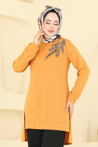 ModaMerve Boncuk İşlemeli Tesettür Takım 2672SL432-MS Hardal&Siyah