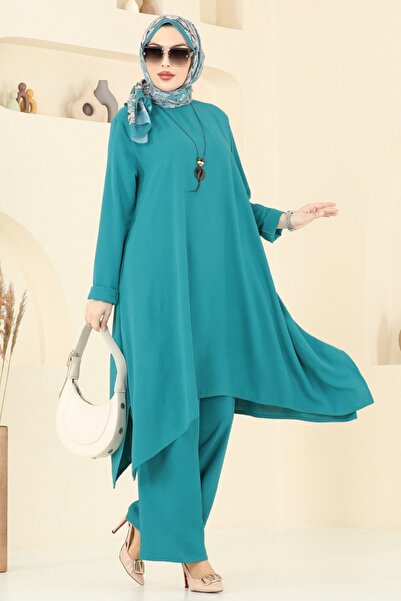 ModaMerve Asimetrik Kesim Kolyeli Takım 2525BG354-MS Açık Petrol