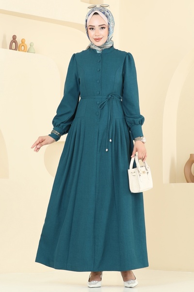 ModaMerve Half Button Sofia Dress 2705Sl432-Ms Petrol