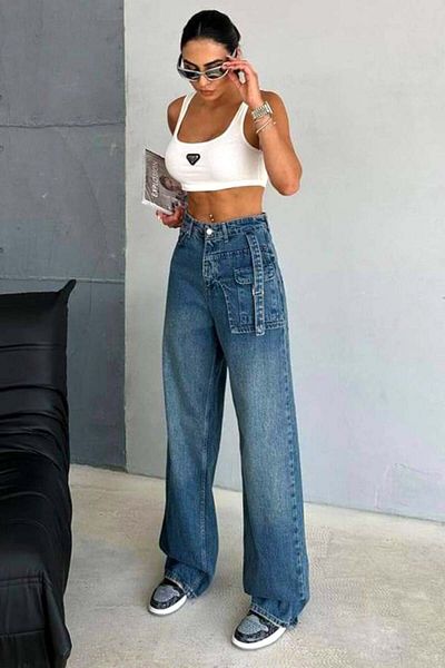 FashionForYou TraFIK women's jeans, with stylized pocket and large wide leg cut, Blue, 38
