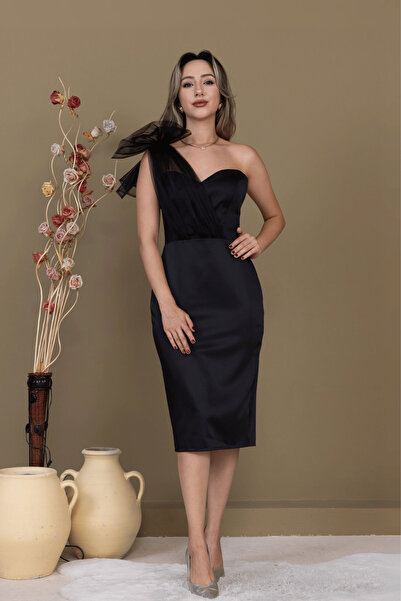 BEYBOS Saten Strapless Tulle Detail Pencil Long Dress - Black