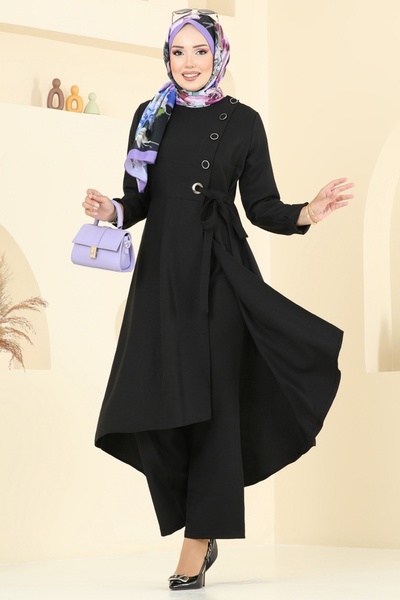 ModaMerve Yarım Düğmeli Sofia Takım 2707SL432-MS Siyah