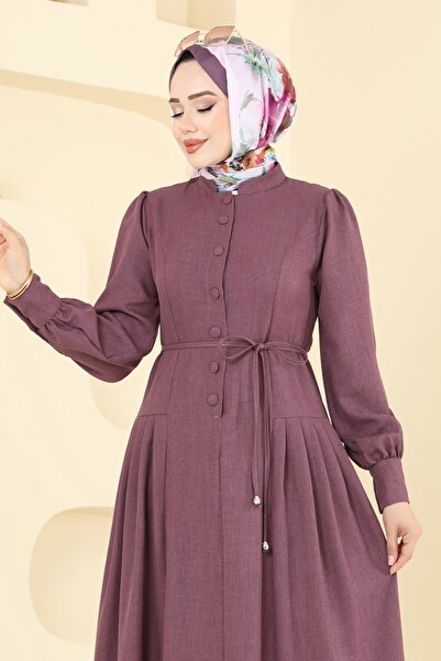 ModaMerve Yarım Düğmeli Sofia Elbise 2705SL432-MS Mürdüm