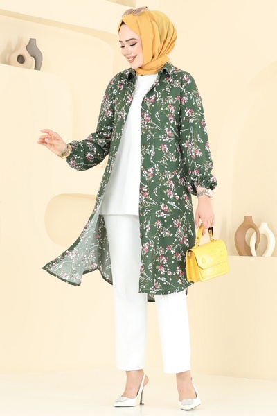 ModaMerve Çiçek Desen Viskon Tunik 0174BG354-MS Haki