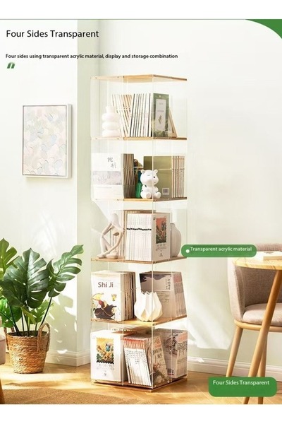Raffine 6-tier rotatable bookshelf with wheels and transparent acrylic storage rack 40x40x165 cm