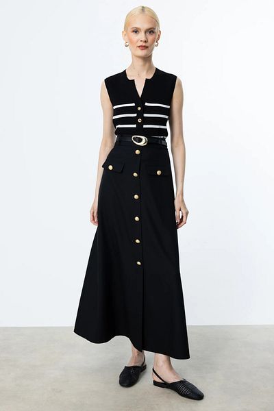 Ekol Belted Ornamental Buttoned Skirt Black-1060