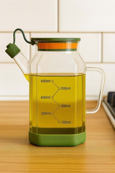 Jenisa Transparent Glass 600 ml Oil Pot Jug Non-Spill & Non-Slip Silicone Based Oil Pot - Green