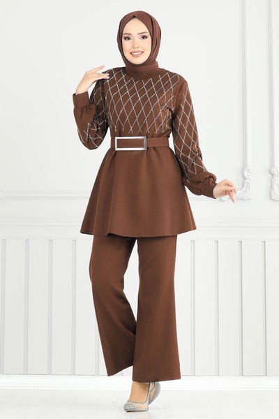 ModaMerve Taş Detay İkili Takım 2691SL432-MS Kahve