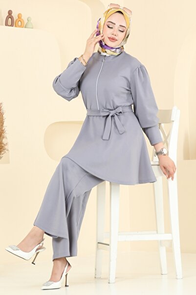 ModaMerve Yarım Fermuarlı Scuba Takım 2710AYD574-MS Gri