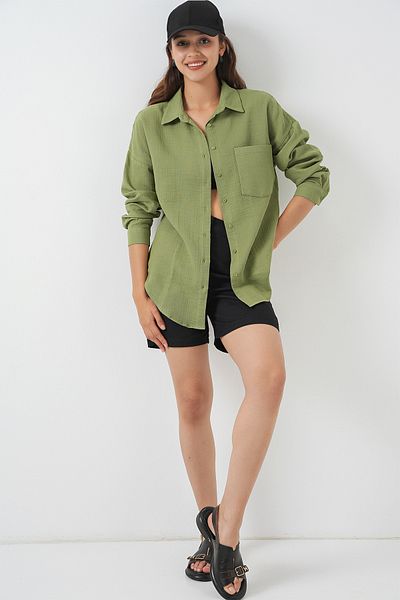 Bigdart Women's Single Pocket Oversize Muslin Shirt 20353 - Çağla