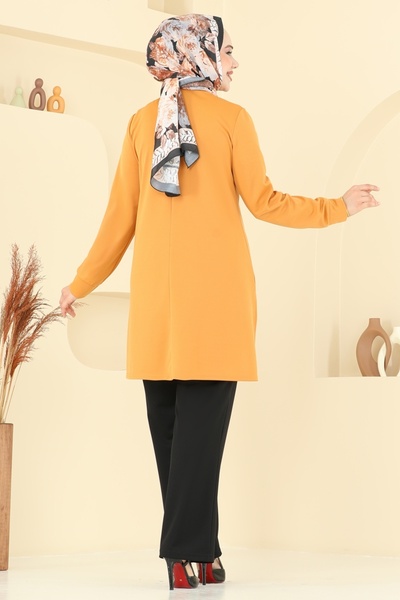 ModaMerve Boncuk İşlemeli Tesettür Takım 2672SL432-MS Hardal&Siyah