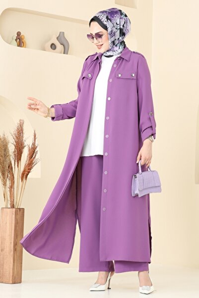 ModaMerve Apolet Düğmeli Tesettür Takım 2632SL432-MS Koyu Lila