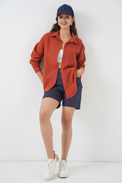 Bigdart Women's Single Pocket Oversize Muslin Shirt 20353 - Tile