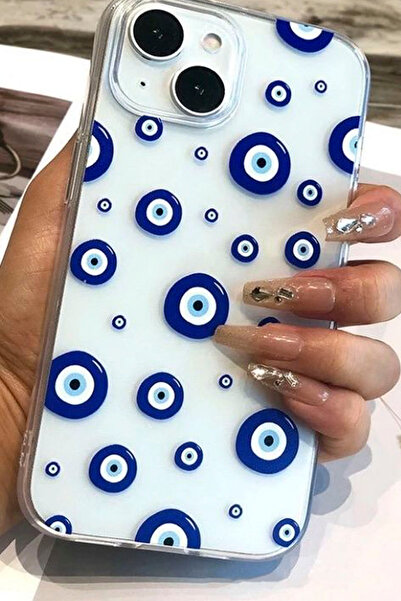 shoptocase iPhone 15/14/13 Uyumlu Nazar Boncukları Desenli Şeffaf Silikon Tel...