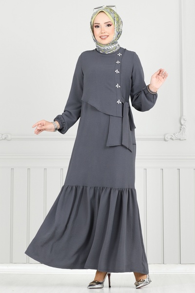 ModaMerve Front Stone Hijab Dress 2680Sl432-Ms Anthracite