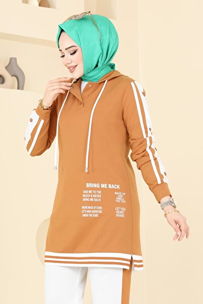 ModaMerve Yazı Baskılı Tesettür Takım 2599SL432-MS Koyu Hardal