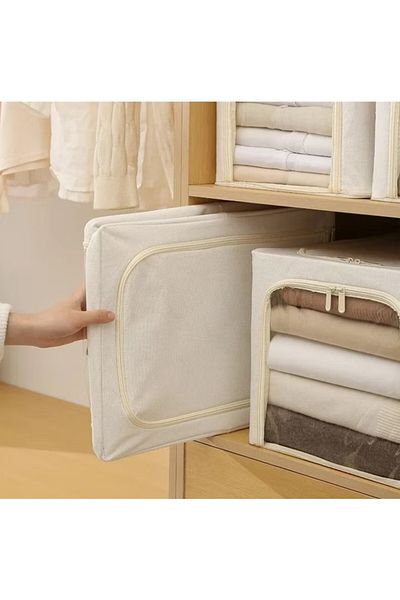 Teo Storage Box, , 56L, Linen and Cotton, Foldable, Steel Frame, 53 x 35 x 30 cm, Khaki