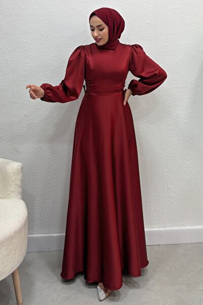 ModaMerve Beli Bağcıklı Saten Abiye 4637ALG474-MS Bordo