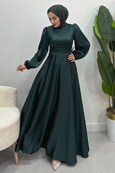 ModaMerve Beli Bağcıklı Saten Abiye 4637ALG474-MS Zümrüt