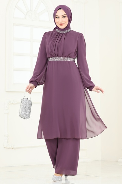 ModaMerve Kemeri Taşlı Şifon Abiye Takım 4272AB368-MS Koyu Lila