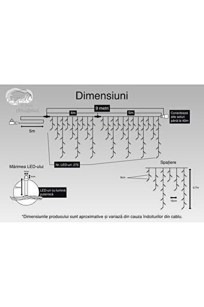 Teo Instalatie Craciun, 9 m, 275 Led-uri ,Franjuri, Alb rece, Flash, Transformator cu telecomanda, Inter