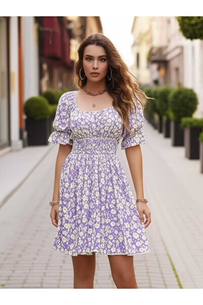 Modabenna Balloon Watermelon Sleeve Midi Bürümcük Dress Princess Square Neck ...