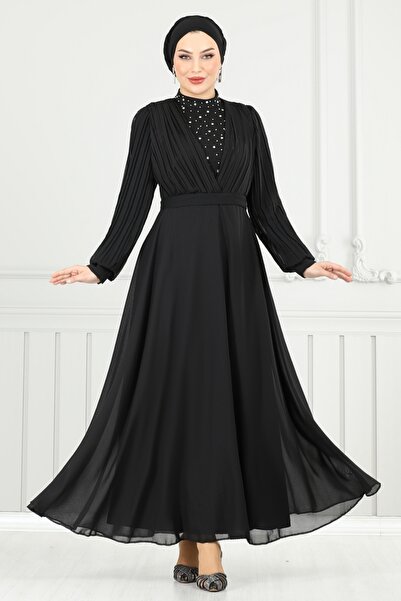 ModaMerve Taşlı Şifon Abiye 0404ALG474-MS Siyah