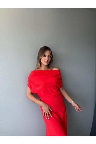 AlisaSu Women's Red Draped Asymmetrical Dress with Gathered Detail on the Shoulders