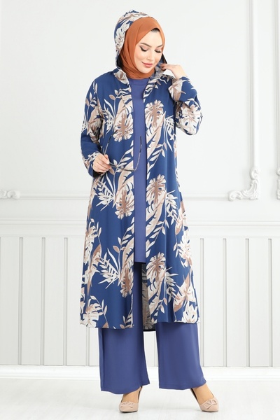 ModaMerve Desenli Viskon Üçlü Takım 4030BG354-MS İndigo