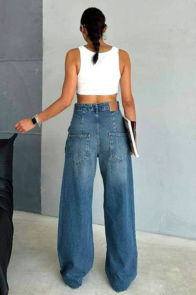 FashionForYou TraFIK women's jeans, with stylized pocket and large wide leg cut, Blue, 38