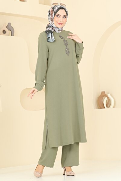 ModaMerve Önü Taşlı Tesettür Takım 2627SL432-MS Çağla