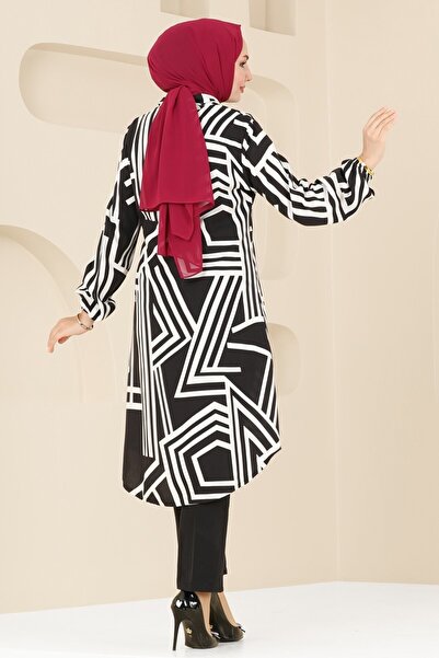 ModaMerve Geometrik Desen Viskon Tunik 0173BG354-MS Siyah&Ekru