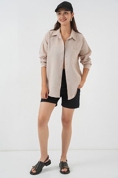 Bigdart Women's Single Pocket Oversize Muslin Shirt 20353 - Stone