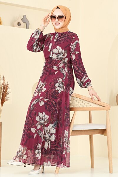 ModaMerve Piliseli Desenli Şifon Elbise 5035ANT466-MS Vişne