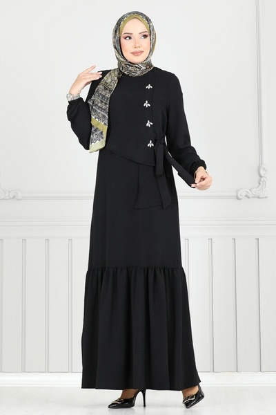 ModaMerve Stone Front Hijab Dress 2680Sl432-Ms Black