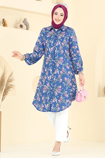 ModaMerve Çiçek Desen Viskon Tunik 0174BG354-MS İndigo