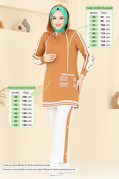 ModaMerve Yazı Baskılı Tesettür Takım 2599SL432-MS Koyu Hardal