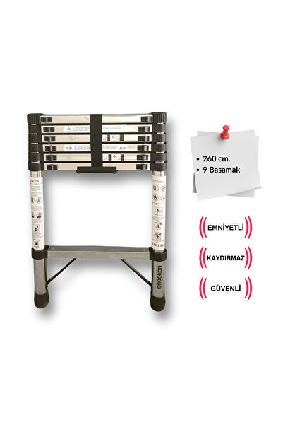 Endokon Çelik 9 Basamaklı - 260 cm. Teleskopik Merdiven - I Tipi Uzayan Merdiven