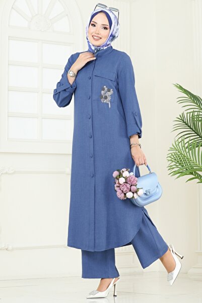 ModaMerve Boncuk Detay Tesettür Takım 2686SL432-MS İndigo