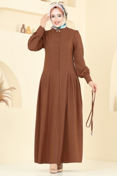 ModaMerve Half Button Sofia Dress 2705Sl432-Ms Light Brown