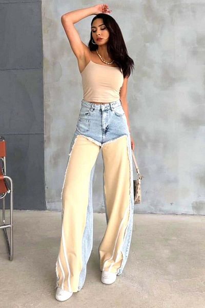 FashionForYou Women's wide leg jeans Zagora, with beveled inserts and fringes, Cream, 36