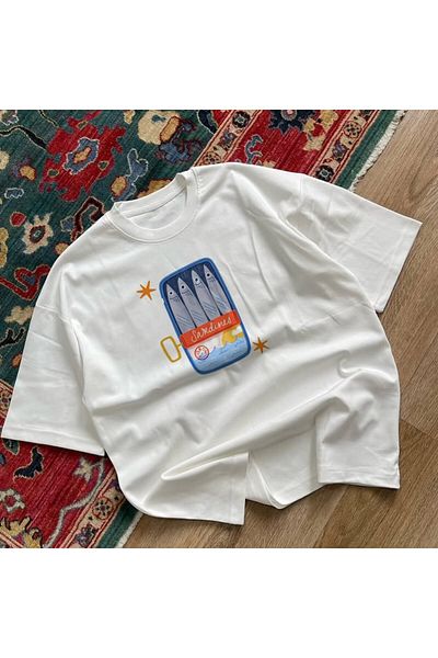 HepsitrentStore Sardines Printed Crew Neck Oversize T-Shirt