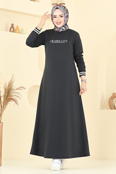 ModaMerve Yazı Baskılı Tesettür Elbise 4108PM271-MS Antrasit