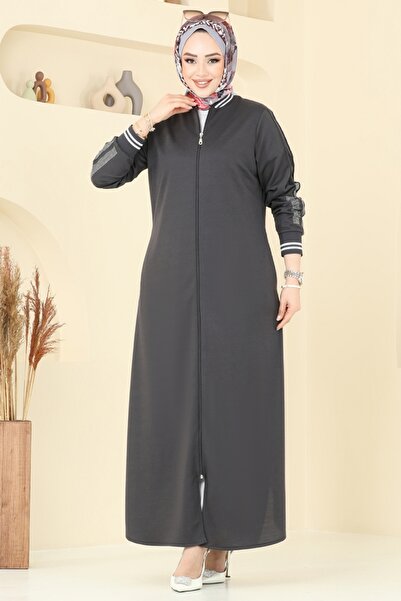 ModaMerve Kolları Taşlı Pardesü Ferace 2639SL432-MS Antrasit