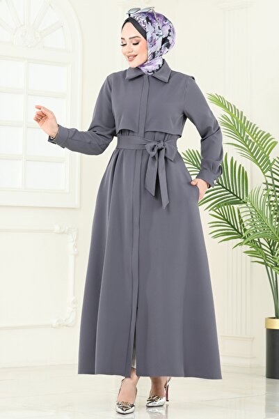 ModaMerve Gizli Fermuarlı Pardesü Ferace 2630SL432-MS Gri