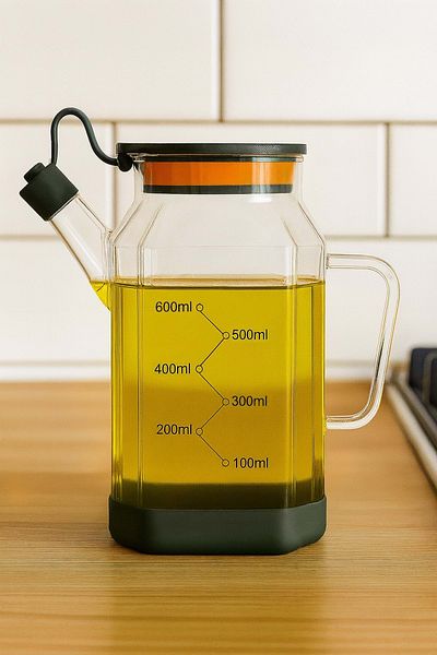 Jenisa Transparent Glass 600 ml Oil Pot Jug Non-Spill & Non-Slip Silicone Based Oil Pot - Black