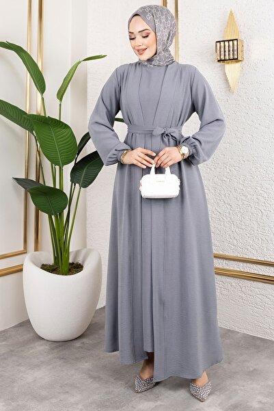 ModaMerve Kuşaklı Abaya Elbise Takım 0336BG354-MS Gri